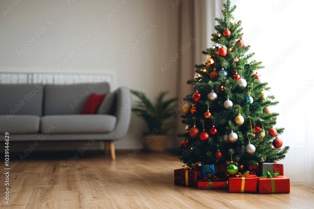 Stylish interior with decorated Christmas tree in living room, copy space background - generative ai Stylish interior with decorated Christmas tree in living room, copy space background - generative ai