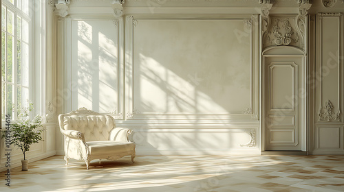 A  luxurious white armchair sits in a sunlit room with ornate moldings, creating a serene and elegant atmosphere.