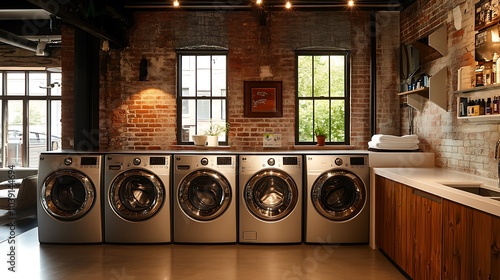 Urban-style laundry room with industrial lighting and exposed brick walls.  photo