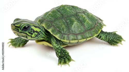 A small green turtle with a yellow underside and black eyes on a white background.