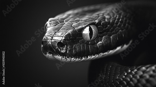 Close-up of a snake's head with a dark background.