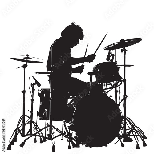  A man playing Drums silhouette isolated on white background