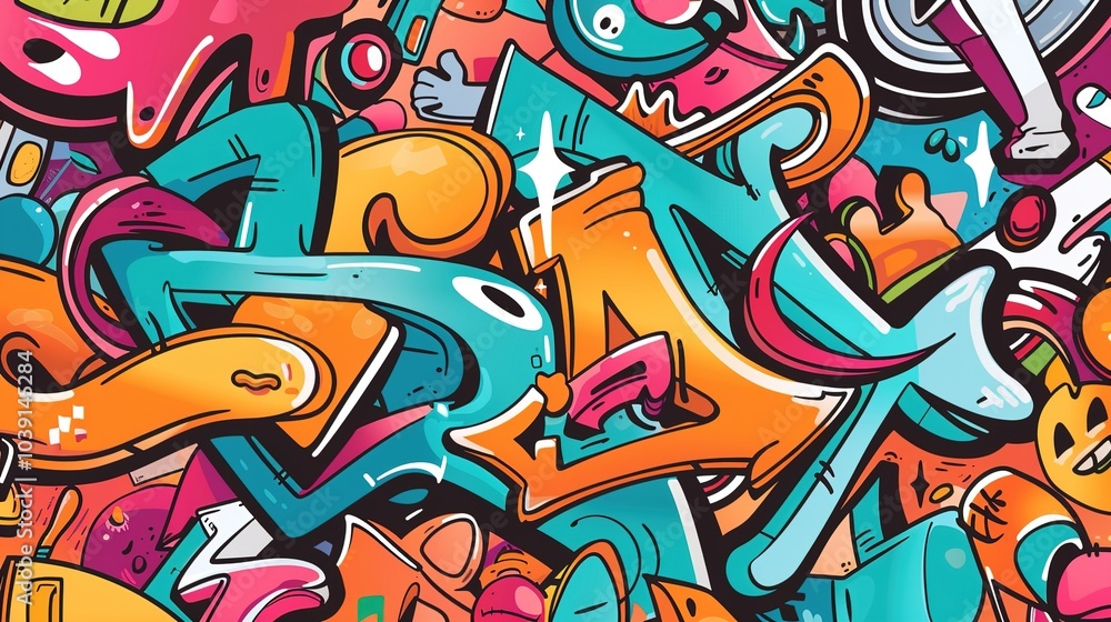 Obraz premium Graffiti Line Cute Elements - a vibrant and playful design. The graffiti-style elements add a fun and creative flair to the visual.