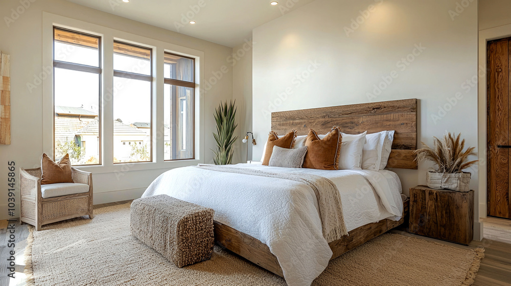 A modern bedroom with a large bed, a wicker chair, a wooden headboard, and large windows. A modern bedroom with a large bed, a wicker chair, a wooden headboard, and large windows.