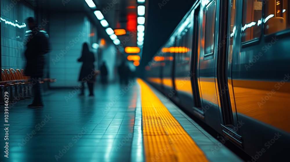 Photo of the side view of an empty subway platform with people walking by, a blurred train in motion, orange and yellow lights Photo of the side view of an empty subway platform with people walking by, a blurred train in motion, orange and yellow lights