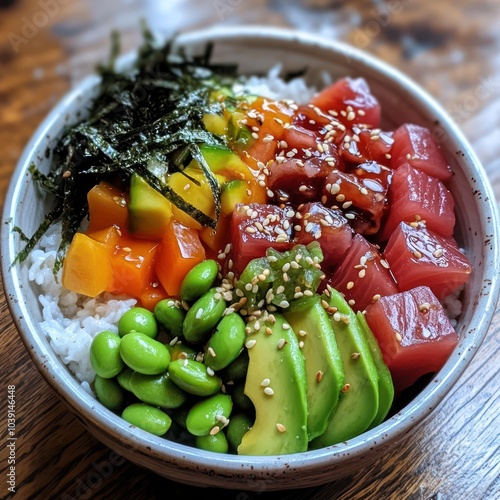 Modern Japanese cuisine with a bowl of poke topped with shredded radish edamame avocado tuna and seaweed
