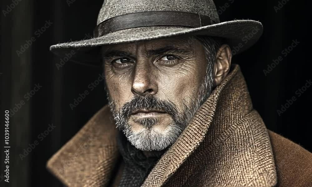 A rugged man in a hat and coat, exuding a mysterious aura. A rugged man in a hat and coat, exuding a mysterious aura.