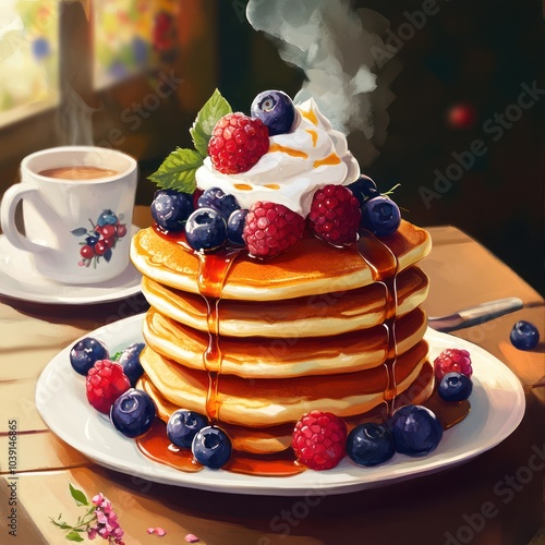 delicious pancakes with fresh fruit and a cup of coffee for breakfast