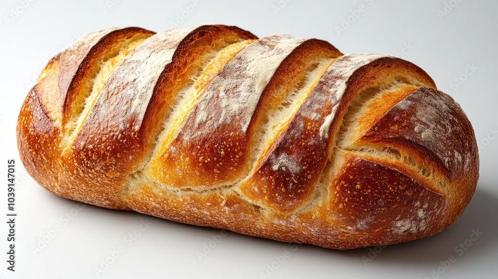 A freshly baked loaf of bread with a golden crust and slashes. A freshly baked loaf of bread with a golden crust and slashes.