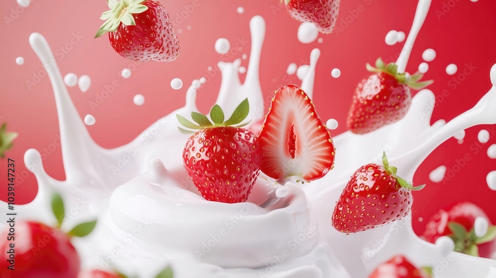 Fresh strawberries splash into swirl of creamy milk, creating delightful scene of vibrant red and white. juicy berries burst with flavor, evoking sense of freshness and indulgence. 3D illustration. Fresh strawberries splash into swirl of creamy milk, creating delightful scene of vibrant red and white. juicy berries burst with flavor, evoking sense of freshness and indulgence. 3D illustration.