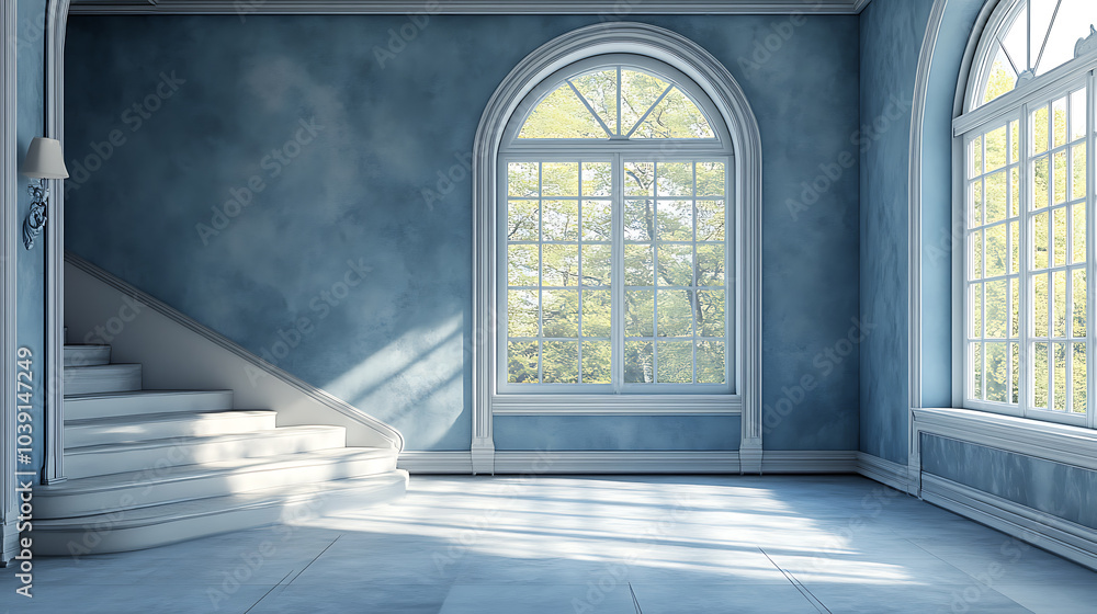 A spacious room with large arched windows and a sweeping staircase, bathed in soft sunlight. A spacious room with large arched windows and a sweeping staircase, bathed in soft sunlight.