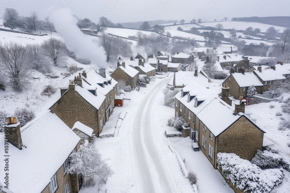 Obraz premium Aerial view of a snow-covered village with chimneys emitting smoke, winter landscape under a clear sky