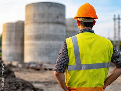 Construction worker observing site with safety gear and concrete structures. photo