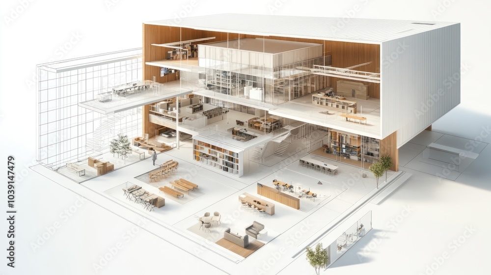 Modern architectural design showcasing an open, multi-level space. Modern architectural design showcasing an open, multi-level space.