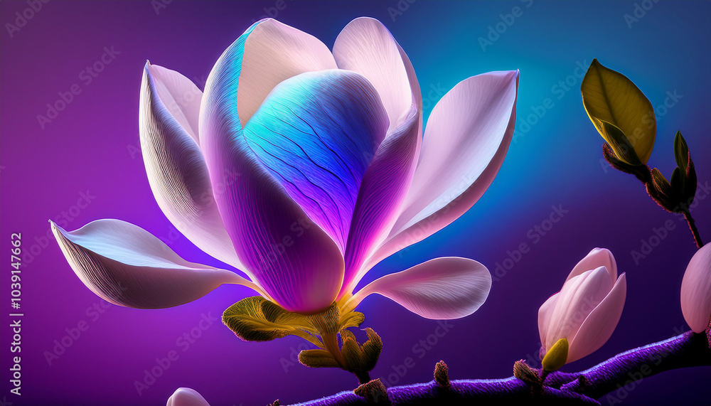 Luminous, futuristic flower with glowing petals in vibrant shades of purple, blue, and orange, set against a dreamy, soft-focus background. Perfect for artistic, surreal, or fantasy theme Luminous, futuristic flower with glowing petals in vibrant shades of purple, blue, and orange, set against a dreamy, soft-focus background. Perfect for artistic, surreal, or fantasy theme