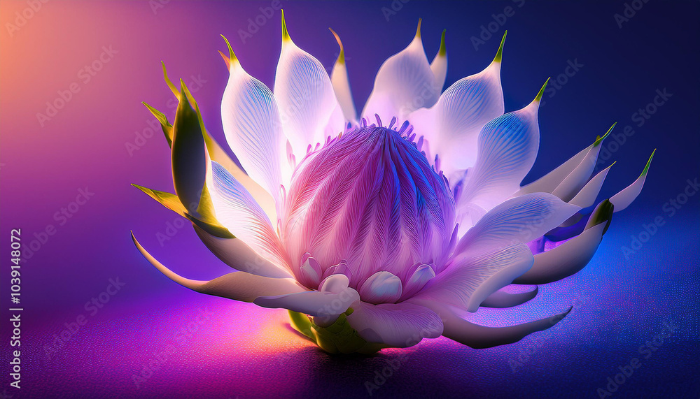 Luminous, futuristic flower with glowing petals in vibrant shades of purple, blue, and orange, set against a dreamy, soft-focus background. Perfect for artistic, surreal, or fantasy theme Luminous, futuristic flower with glowing petals in vibrant shades of purple, blue, and orange, set against a dreamy, soft-focus background. Perfect for artistic, surreal, or fantasy theme
