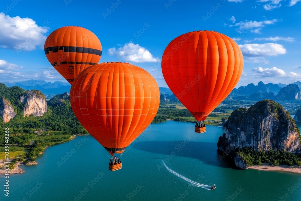 Fototapeta premium Bright orange hot air balloons floating over a landscape at sunrise, the sky blending with the orange hues of the early morning