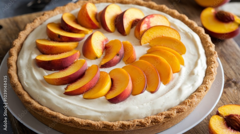 Large and delicious vanilla pudding pie topped with fresh peach slices, ideal for any festive Large and delicious vanilla pudding pie topped with fresh peach slices, ideal for any festive