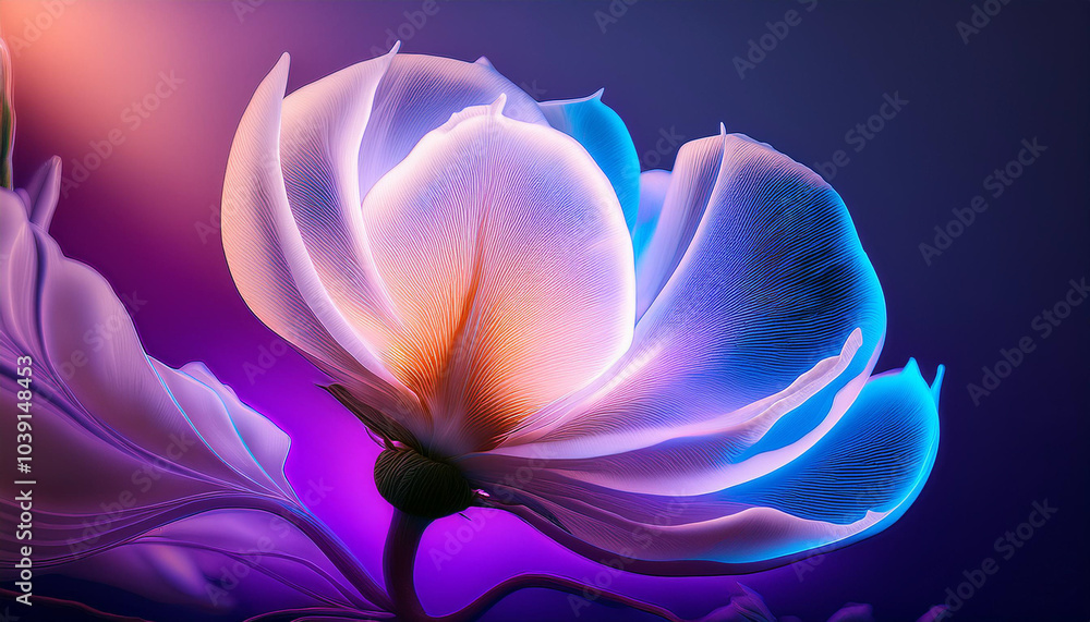 Luminous, futuristic flower with glowing petals in vibrant shades of purple, blue, and orange, set against a dreamy, soft-focus background. Perfect for artistic, surreal, or fantasy theme Luminous, futuristic flower with glowing petals in vibrant shades of purple, blue, and orange, set against a dreamy, soft-focus background. Perfect for artistic, surreal, or fantasy theme