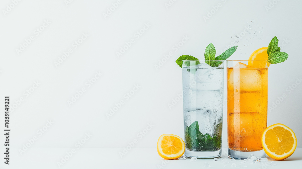 vibrant cocktails with lemon, mint, and ice, arranged neatly in tall glasses, highlighted by bright reflections and with Vibrant Splashes with ample copy space. vibrant cocktails with lemon, mint, and ice, arranged neatly in tall glasses, highlighted by bright reflections and with Vibrant Splashes with ample copy space.