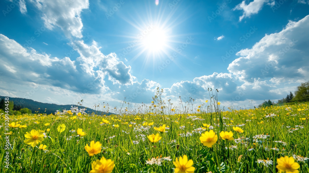 Fototapeta premium Bright sunshine breaks through clouds over blooming field of yellow flowers, creating vibrant and cheerful atmosphere.