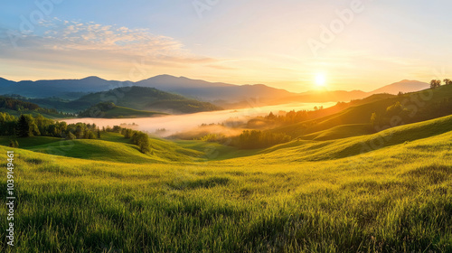 Breathtaking sunrise breaking through morning fog over rolling hills, creating serene landscape.