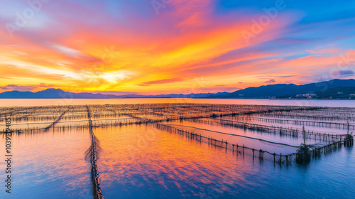 Tranquil scene of seaweed farm at dusk with vibrant sunset colors reflecting on water.