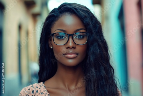 Young African woman standing on calm street. Attractive carefree girl looking at camera, wearing glasses - generative ai