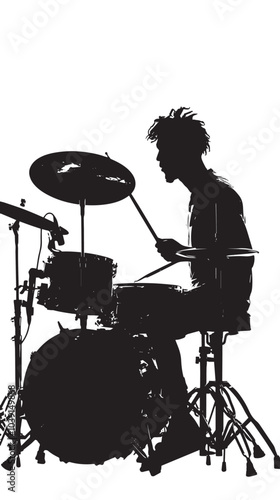  A man playing Drums silhouette isolated on white background