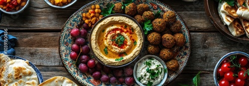 Traditional Middle Eastern breakfast featuring hummus foul falafel and zaatar when viewed from above served on a large plate