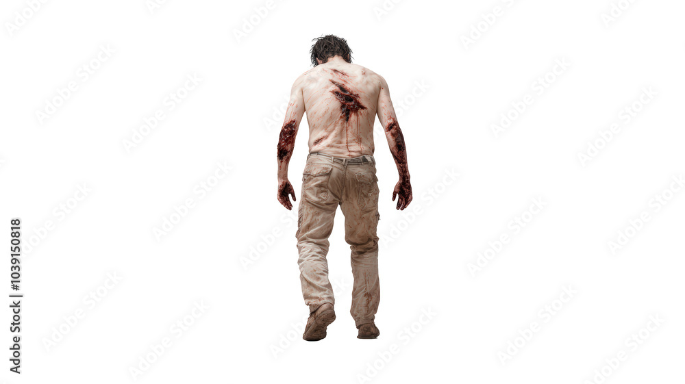 wounded man walks away, showcasing injuries on his back and arms, evoking sense of despair and survival in post apocalyptic setting wounded man walks away, showcasing injuries on his back and arms, evoking sense of despair and survival in post apocalyptic setting