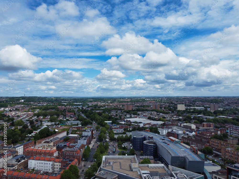 Fototapeta premium An Aerial View of Buildings at Central Bristol City of Southwest of England, United Kingdom. May 27th, 2024. The High Angle Footage Was Captured with Drone's Camera from High Altitude.