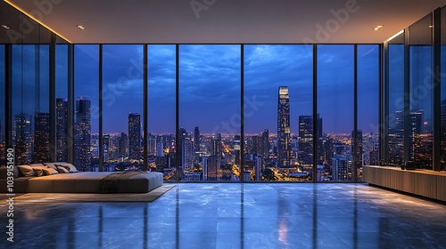 Empty Room with City Skyline View at Sunset