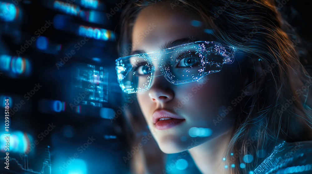 A woman wears digital glasses and gazes at a holographic display. Futuristic technology and innovation. Generative AI. A woman wears digital glasses and gazes at a holographic display. Futuristic technology and innovation. Generative AI.