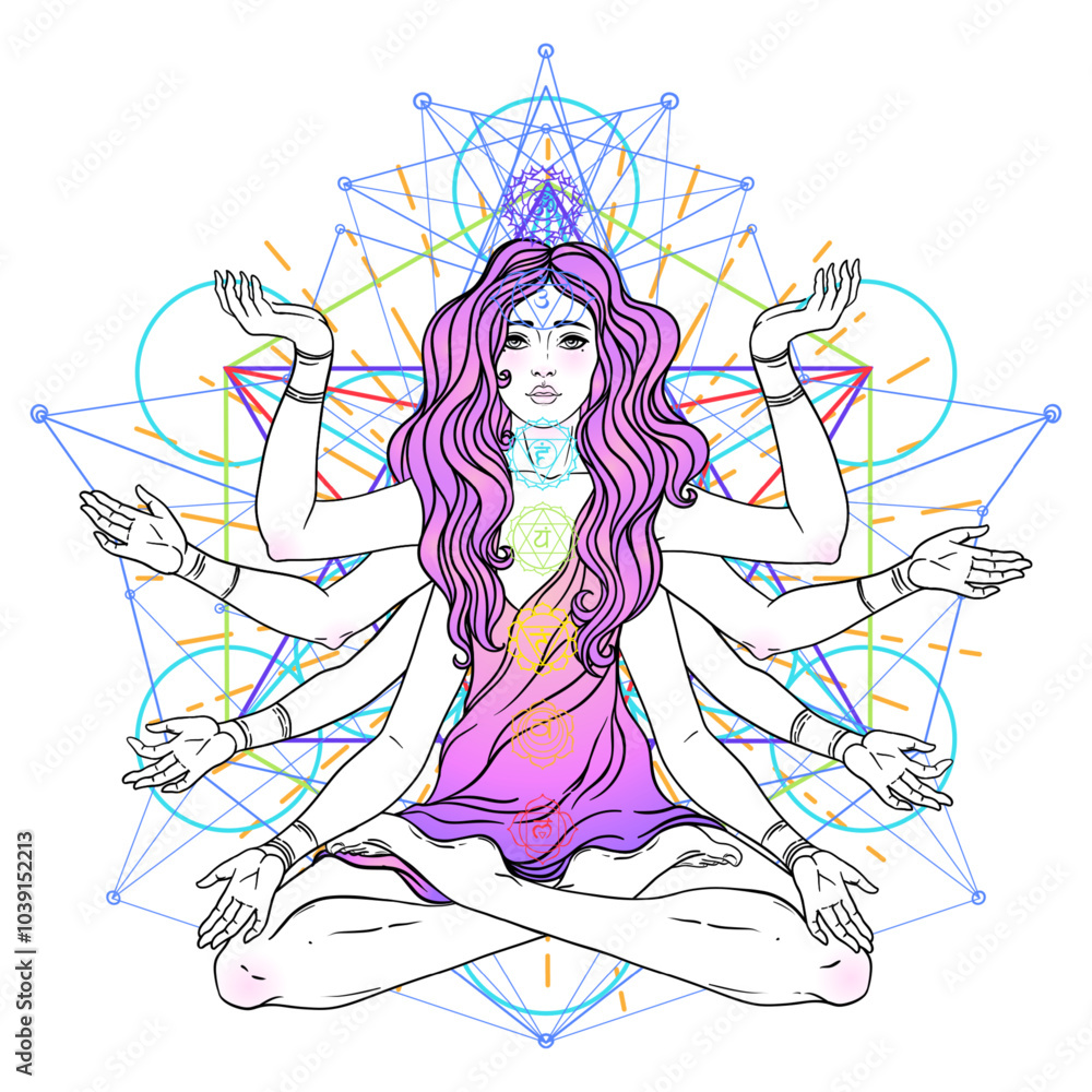 Beautiful woman with long hair and multiple hands sitting in lotus yoga position. Multi-armed goddess is Goddess Lakshmi, the Hindu goddess of wealth, fortune, and prosperity. Vector detailed isolated Beautiful woman with long hair and multiple hands sitting in lotus yoga position. Multi-armed goddess is Goddess Lakshmi, the Hindu goddess of wealth, fortune, and prosperity. Vector detailed isolated