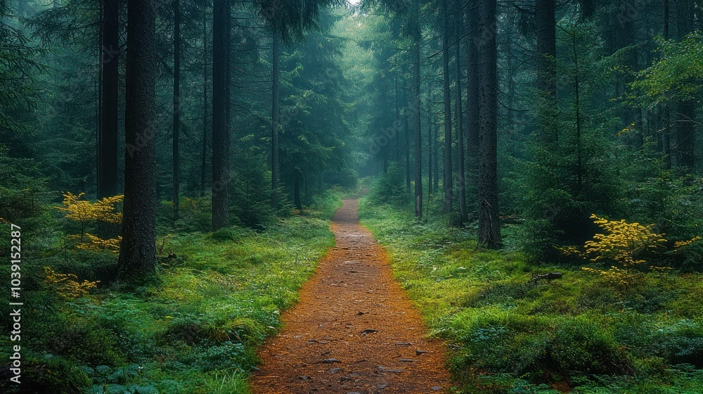 Obraz premium Serene forest path surrounded by lush greenery and misty atmosphere.