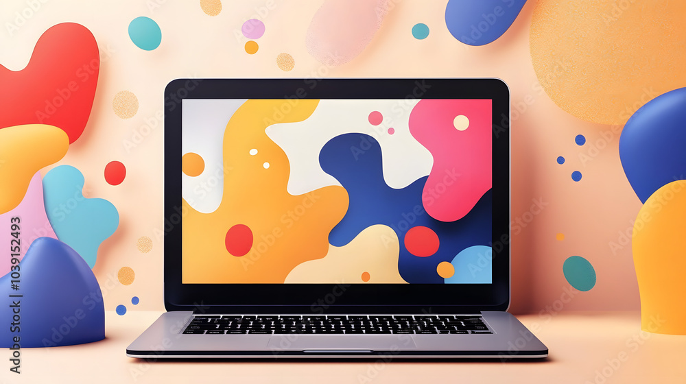 Laptop screen displaying a creative design, surrounded by colorful abstract shapes Laptop screen displaying a creative design, surrounded by colorful abstract shapes