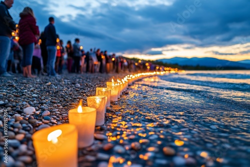 Group of people lighting lanterns on the beach at sunset, symbolizing renewal and the transition from darkness into a brighter future