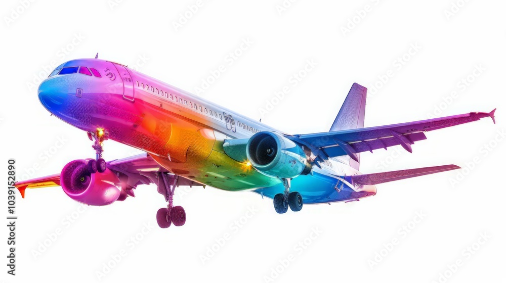 A colorful airplane soaring through the sky, full-body, isolated on white. Background is brightly colored with realistic details and professional grading. A colorful airplane soaring through the sky, full-body, isolated on white. Background is brightly colored with realistic details and professional grading.