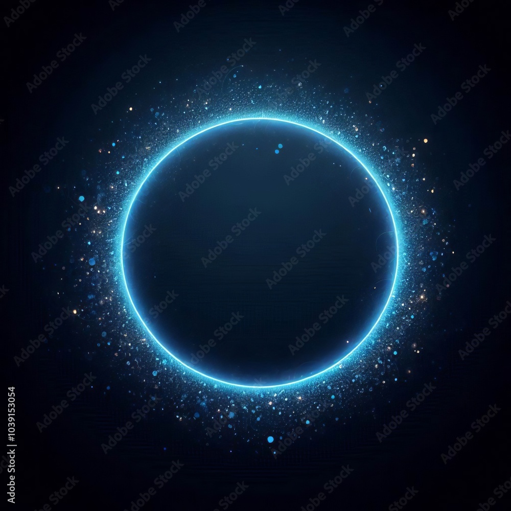 Obraz premium A blue glowing circle in dark space backgrounds, glitter inside, for design