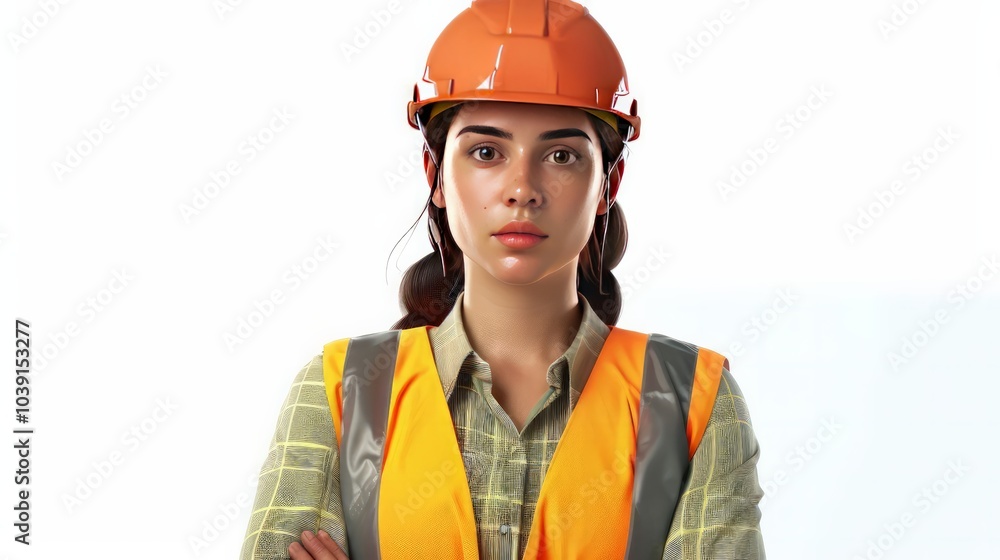 A female engineer in a helmet and vest, full-body, isolated on white. Background is brightly colored with ultra-realistic rendering and fine details. A female engineer in a helmet and vest, full-body, isolated on white. Background is brightly colored with ultra-realistic rendering and fine details.
