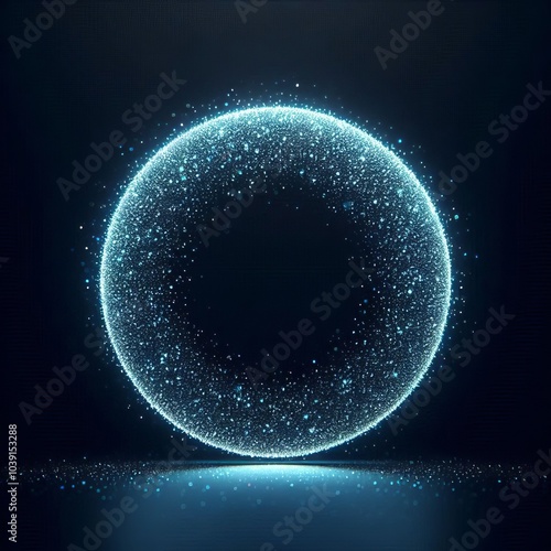 A blue glowing circle in dark space backgrounds, glitter inside, for design