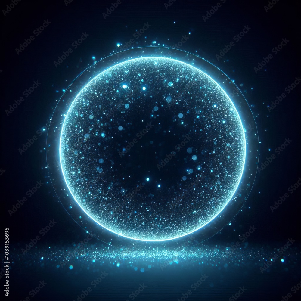 Fototapeta premium blue sphere or circle bathed in blue light, blue glitter floating amidst a vast, star-studded cosmos on black background
