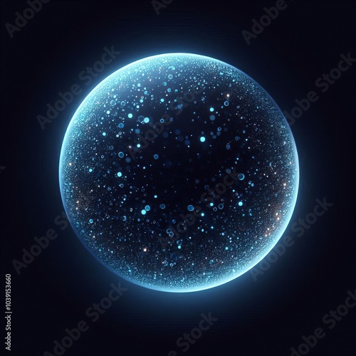 A blue glowing circle in dark space backgrounds, glitter inside, for design