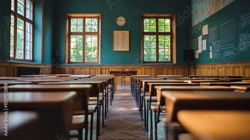 Empty Classroom with Wooden Desks and Chairs