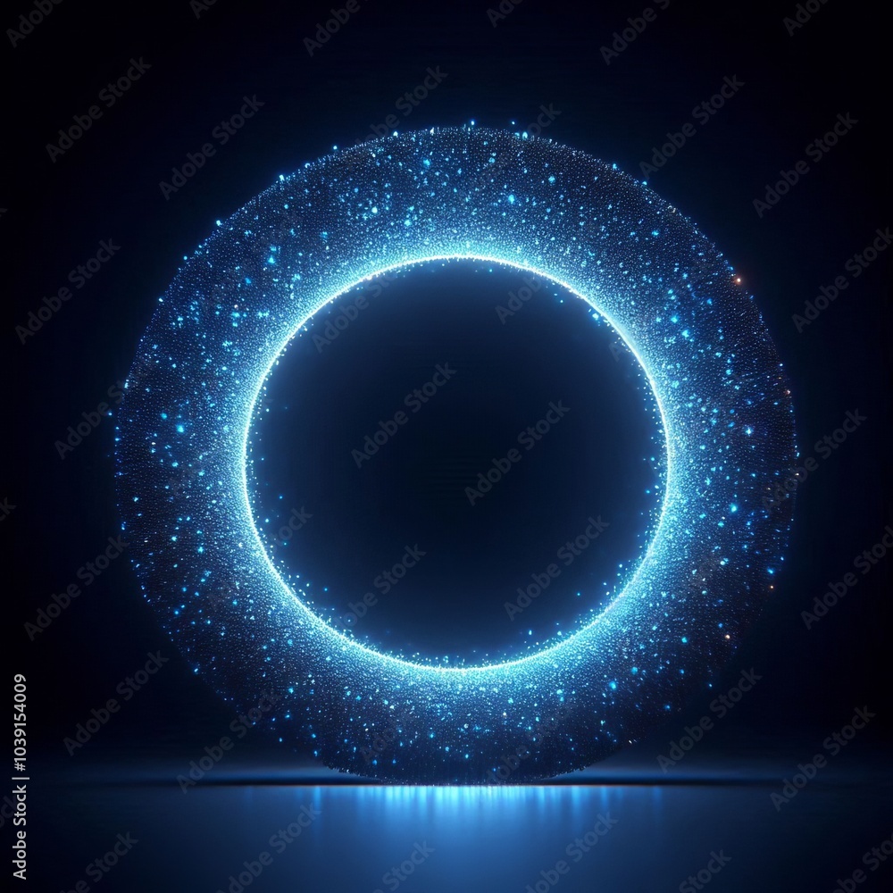blue circle orbit with stars in the background, space for text, depicting a glowing planet and dark sky blue circle orbit with stars in the background, space for text, depicting a glowing planet and dark sky