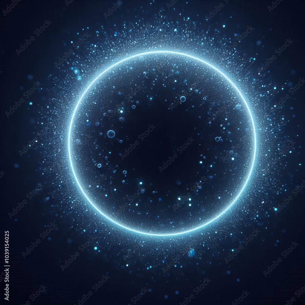 Naklejka premium blue sphere or circle bathed in blue light, blue glitter floating amidst a vast, star-studded cosmos on black background