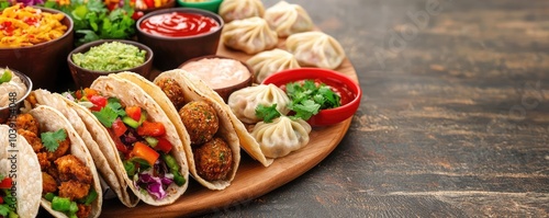 A delicious assortment of tacos, dumplings, and fresh sides arranged on a wooden platter, showcasing vibrant colors and textures.