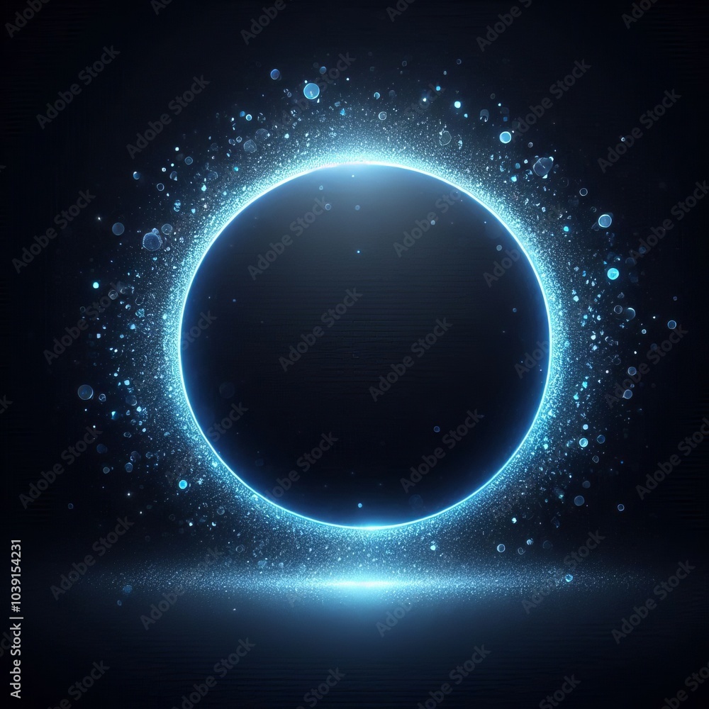 Fototapeta premium Blue sphere or circle bathed in blue light, floating amidst a vast, star-studded cosmos on black dark background