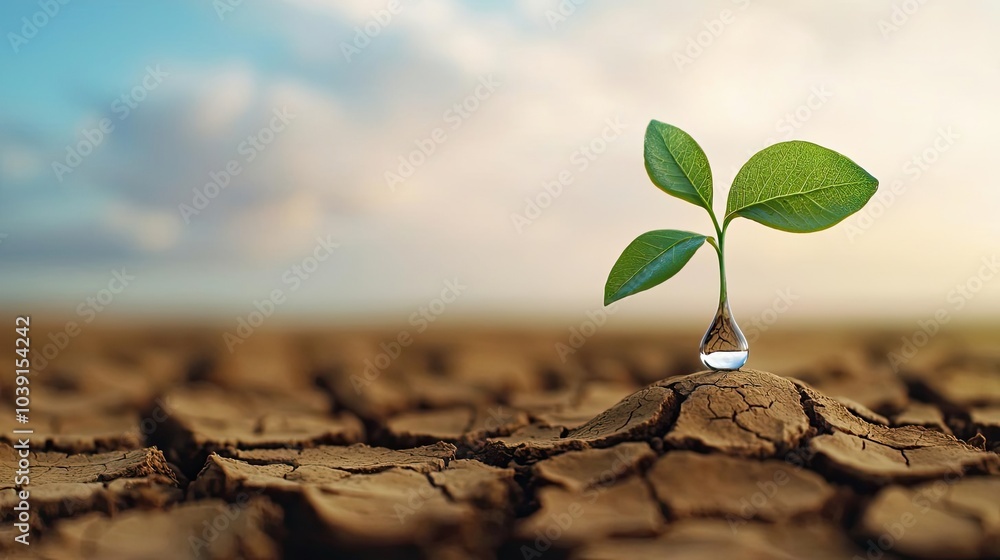 A single green sprout emerges from cracked soil, symbolizing hope and resilience against drought's harsh conditions, with a drop of water nurturing life. A single green sprout emerges from cracked soil, symbolizing hope and resilience against drought's harsh conditions, with a drop of water nurturing life.